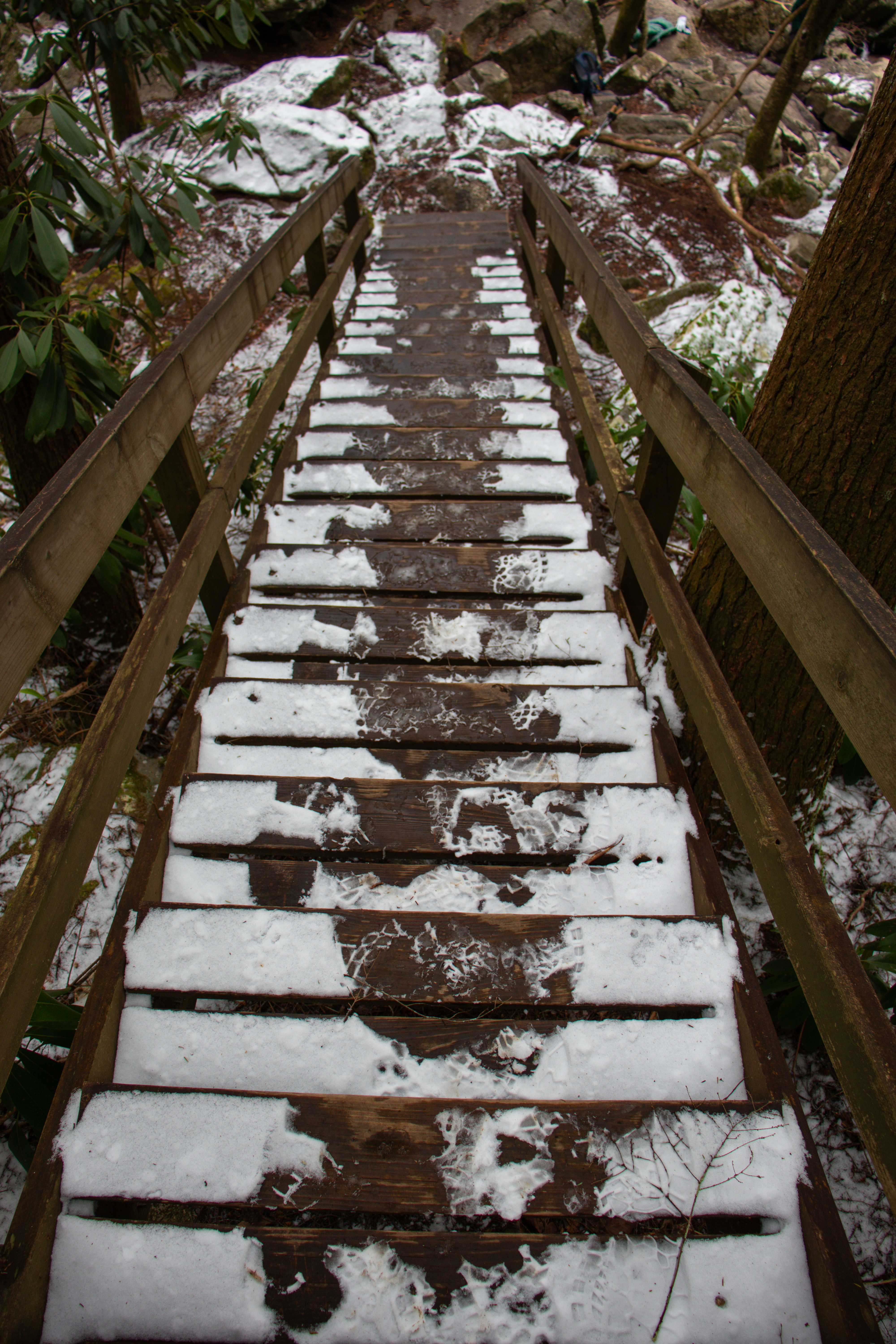 snow covered stairs that descend to the base of savage falls in tennessee