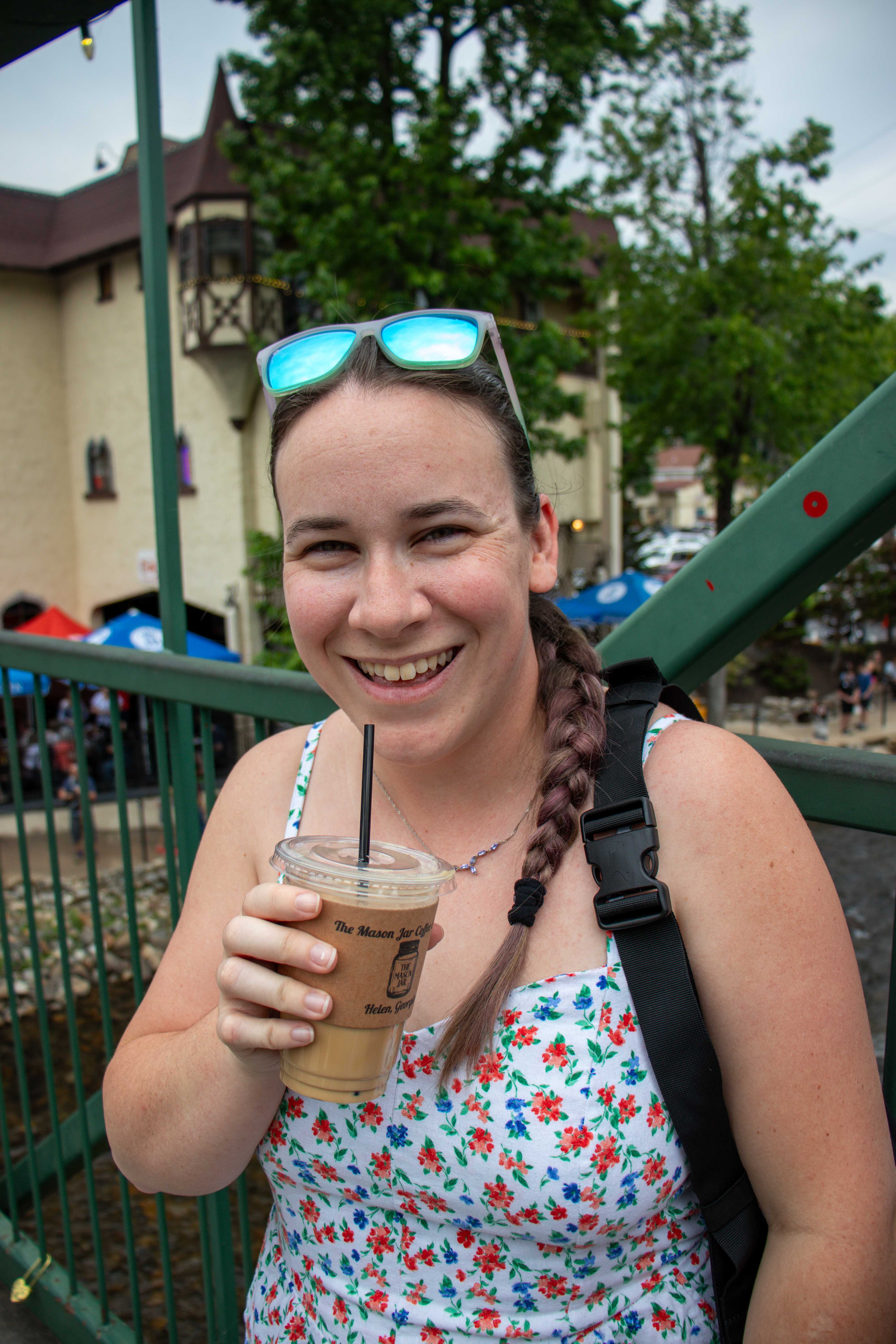 me with a mason jar latte in downtown Helen, GA